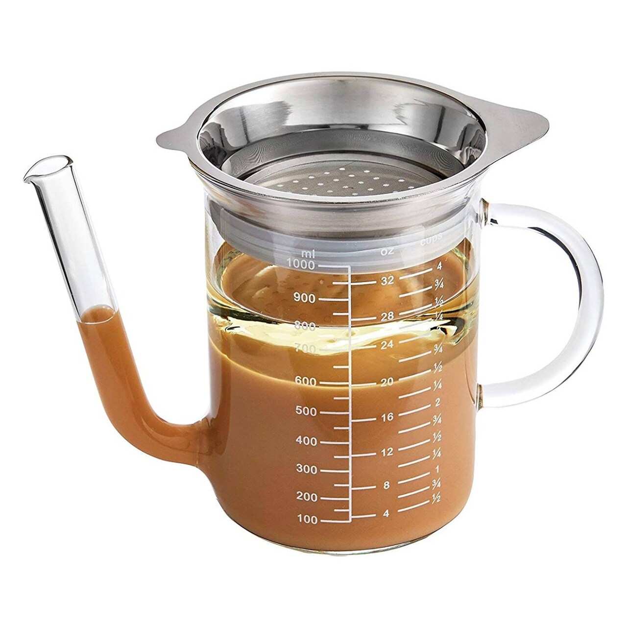 HIC Kitchen Gravy Strainer and Fat Separator, Heat-Safe Borosilicate Glass with 18/8 Stainless Steel Fine-Mesh Filter and Pierced Strainer, 4-Cup (32-Ounce) Capacity